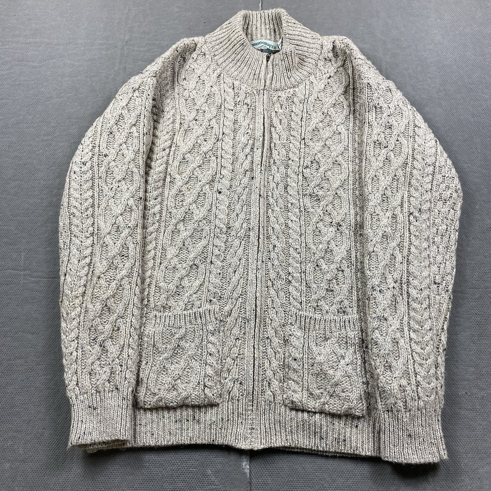 Aran Crafts Sweater Mens Large Beige Cable Knit Full Zip Wool Made in Ireland